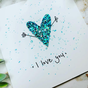 I Love You Glitter Heart card - Blue