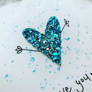 I Love You Glitter Heart card - Blue