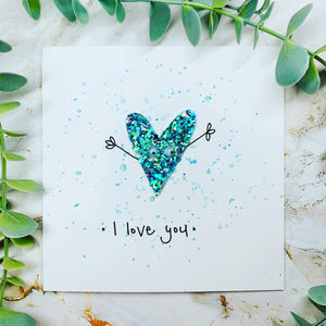 I Love You Glitter Heart card - Blue