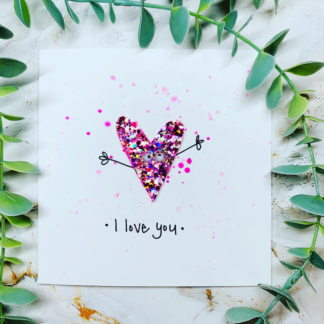 I Love You Glitter Heart card - Pink