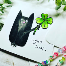 Load image into Gallery viewer, Black Cat and Four Leaf Clover - Good Luck Card
