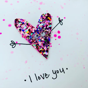 I Love You Glitter Heart card - Pink